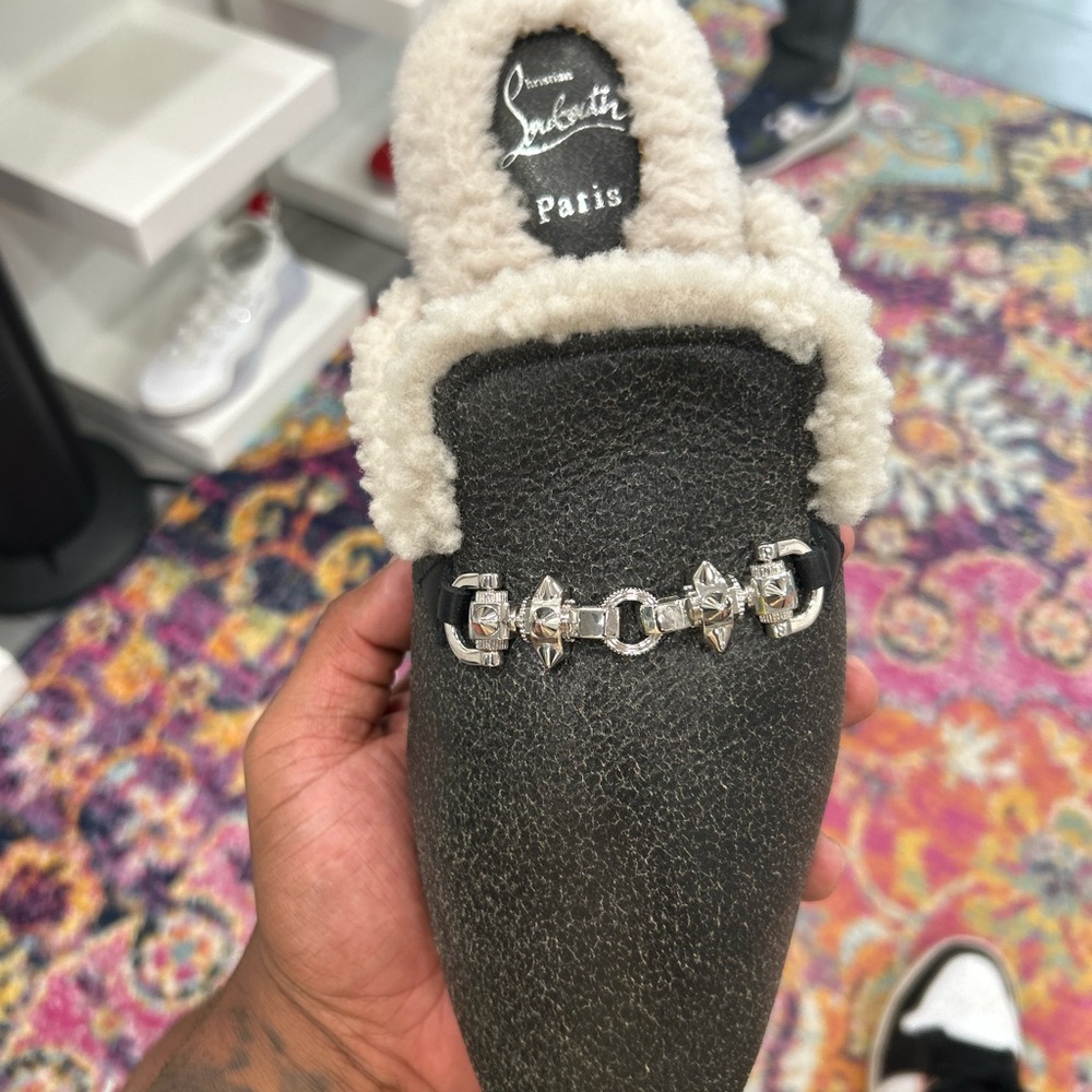 Christian Louboutin Black and Cream Shearling Mules